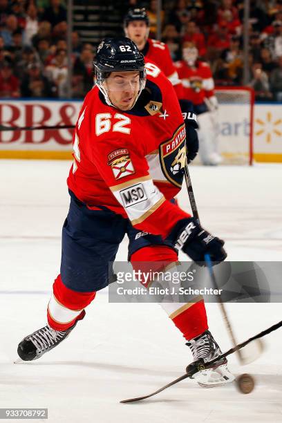 Denis Malgin of the Florida Panthers shoots the puck against the Boston Bruins at the BB&T Center on March 15, 2018 in Sunrise, Florida. Denis Malgin