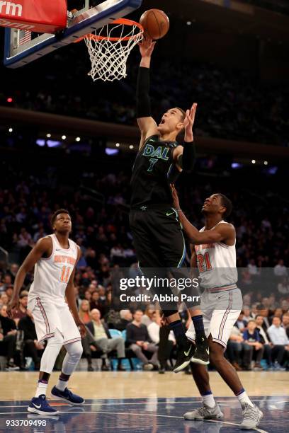 Dwight Powell of the Dallas Mavericks goes up for a shot in the second quarter against the New York Knicks during their game at Madison Square Garden...