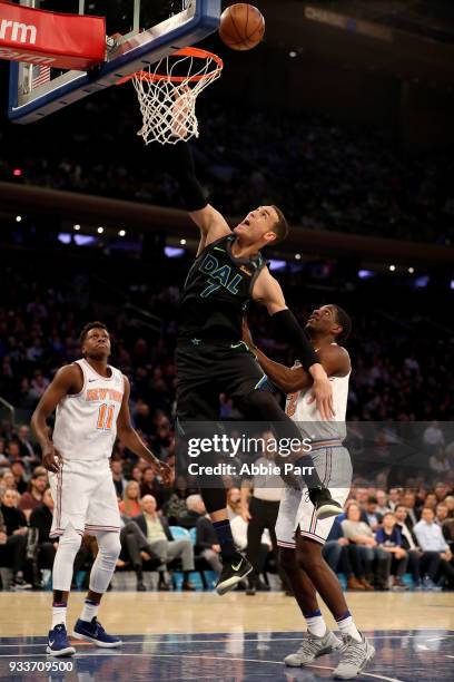 Dwight Powell of the Dallas Mavericks takes a shot in the second quarter against the New York Knicks during their game at Madison Square Garden on...