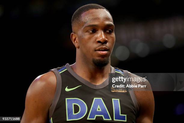 Jameel Warney of the Dallas Mavericks looks on in his second career NBA game against the New York Knicks in the second quarter during their game at...