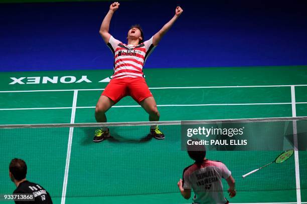 Indonesia's Kevin Sanjaya Sukamuljo and Indonesia's Marcus Fernaldi Gideon celebrates beating Denmark's Mathias Boe and Denmark's Carsten Mogensen...