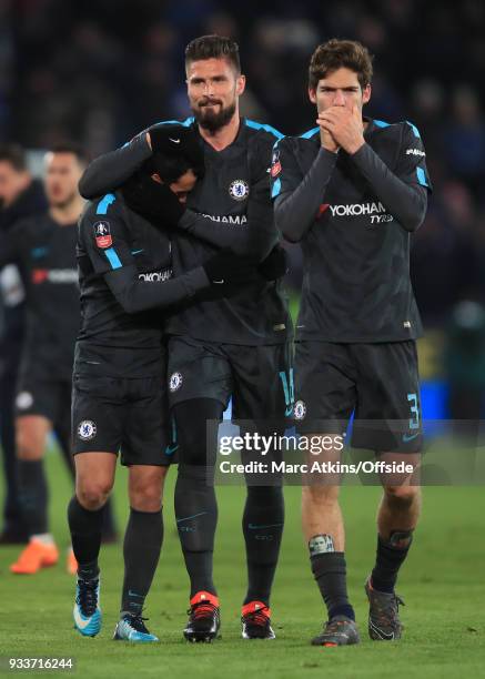 Pedro of Chelsea congratulated by team mates Olivier Giroud and Marcos Alonso during the Emirates FA Cup Quarter Final match between Leicester City...