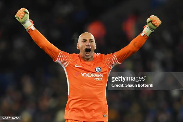 Willy Caballero of Chelsea celebrates as Pedro of Chelsea scores their second goal during The Emirates FA Cup Quarter Final match between Leicester...