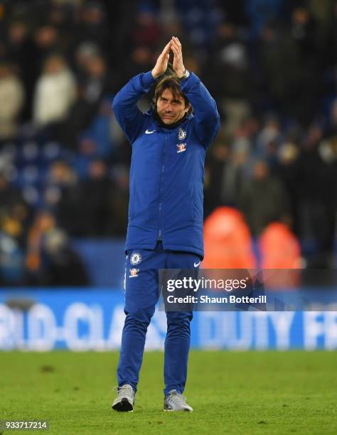 Antonio Conte manager of Chelsea applauds the travelling fans after The Emirates FA Cup Quarter Final match between Leicester City and Chelsea at The...