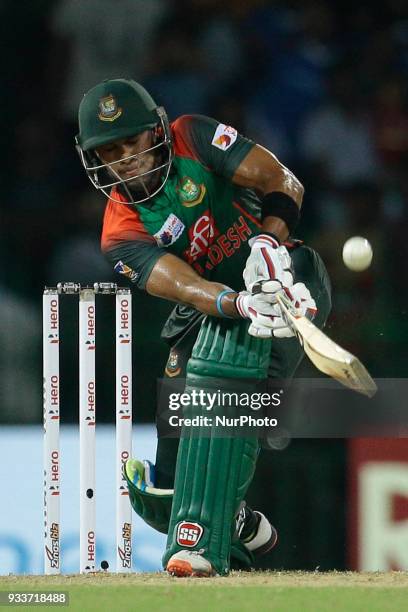 Bangladesh batsman Sabbir Rahman plays a shot during the final Twenty-20 cricket match of NIDAHAS Trophy between Bangladesh and India at R Premadasa...