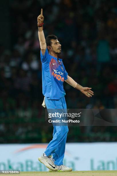 Indian cricketer Yuzvendra Chahal celebrates during the final Twenty-20 cricket match of NIDAHAS Trophy between Bangladesh and India at R Premadasa...