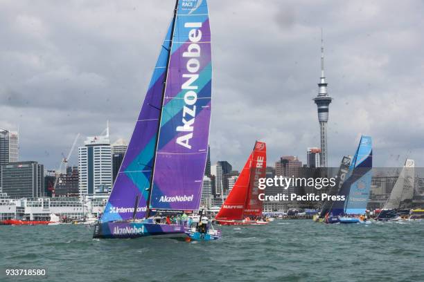 The Volvo Ocean Race fleet Departs to Itajai, Brazil at Viaduct Harbour in Auckland. The Volvo Ocean Race is the world's most prestigious sailing...