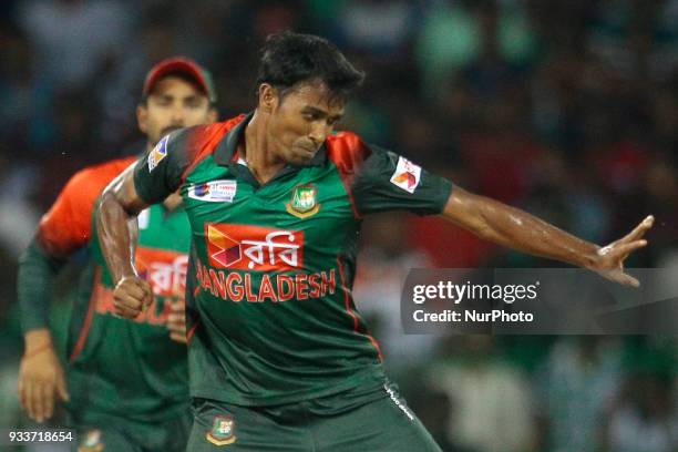 Bangladesh cricketer Rubel Hossain celebrates during the final Twenty-20 cricket match of NIDAHAS Trophy between Bangladesh and India at R Premadasa...