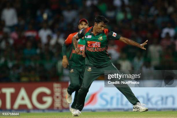 Bangladesh cricketer Rubel Hossain celebrates during the final Twenty-20 cricket match of NIDAHAS Trophy between Bangladesh and India at R Premadasa...