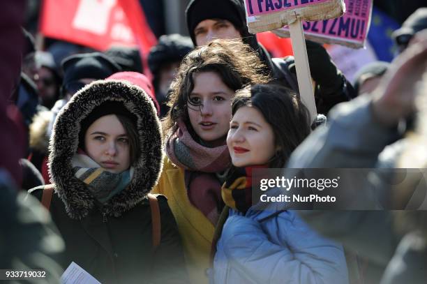 Over a thousand people took part in a anti-fascism demonstration in Warsaw, Poland on March 17, 2018 amidst fears the country is increasingly moving...