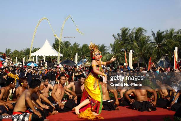 Balinesse Dancer perform a Kecak dance during an Effigy festival, known as Ogoh-ogoh, at Ancol beach, North Jakarta, on Sunday, March 18, 2018. The...