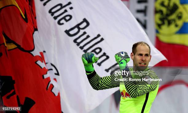 Goalkeeper Peter Gulacsi of RB Leipzig celebrates after the Bundesliga match between RB Leipzig and FC Bayern Muenchen at Red Bull Arena on March 18,...