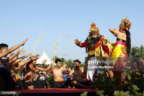 Balinesse Dancer perform a Kecak dance during an Effigy festival, known as Ogoh-ogoh, at Ancol beach, North Jakarta, on Sunday, March 18, 2018. The...