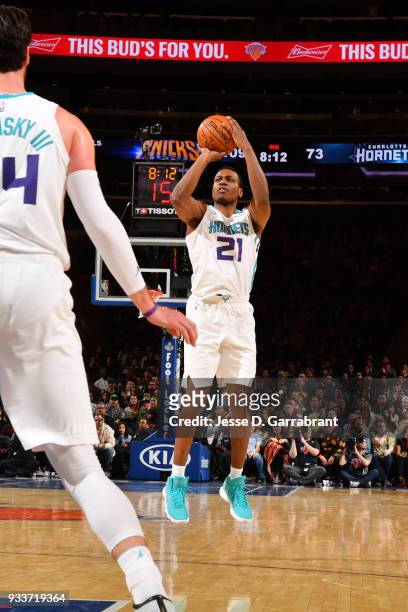 Treveon Graham of the Charlotte Hornets shoots the ball during the game against the New York Knicks at Madison Square Garden on March 17, 2018 in New...