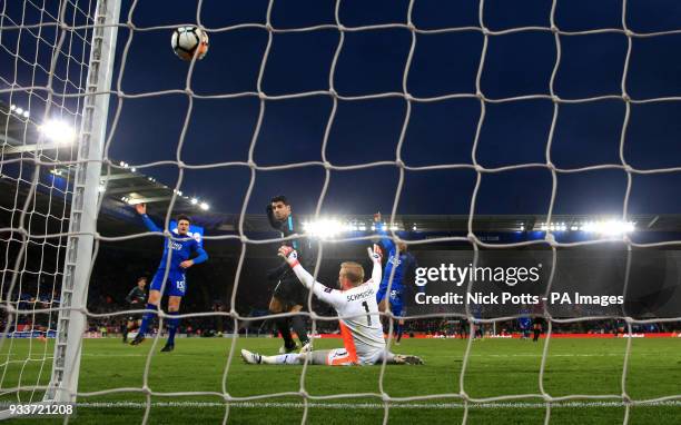 Chelsea's Alvaro Morata see his attempt on goal hit the post during the Emirates FA Cup, quarter final match at the King Power Stadium, Leicester.