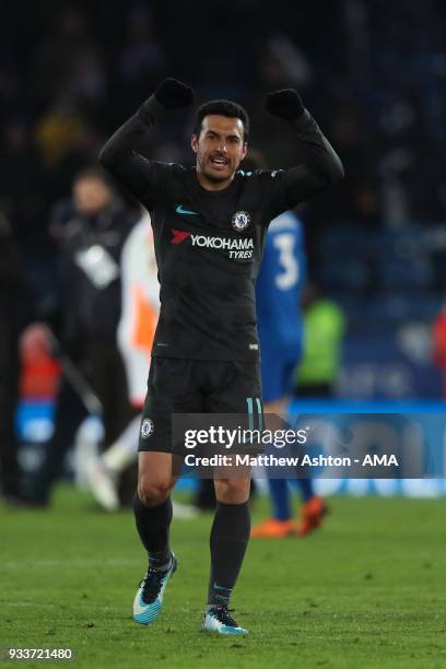 Pedro of Chelsea celebrates victory during the FA Cup Quarter Final match between Leicester City and Chelsea at The King Power Stadium on March 18,...