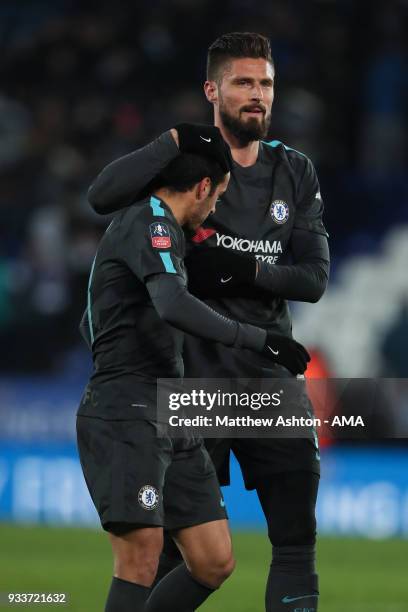 Pedro of Chelsea celebrates victory with Olivier Giroud during the FA Cup Quarter Final match between Leicester City and Chelsea at The King Power...