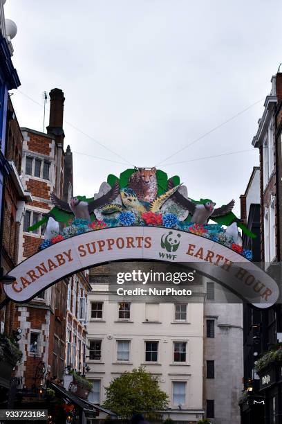 Giant banner of WWF is pictured in Carnaby Street, London on March 18, 2018. The WWF Earth Hour will take place on Saturday 24 March at 8:30pm, when...