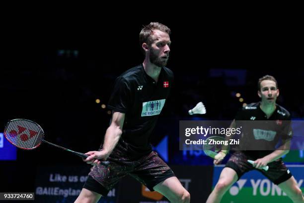 Mathias Boe of Denmark and Carsten Mogensen of Denmark in action during the men's double final against Marcus Fernaldi Gideon of Indonesia and Kevin...