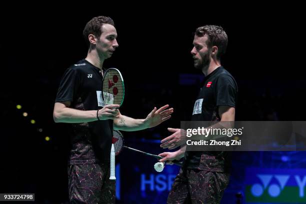 Mathias Boe of Denmark and Carsten Mogensen of Denmark celebrate a point during the men's double final against Marcus Fernaldi Gideon of Indonesia...