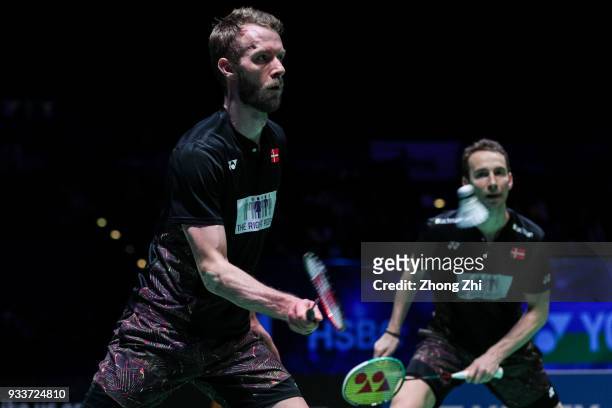 Mathias Boe of Denmark and Carsten Mogensen of Denmark in action during the men's double final against Marcus Fernaldi Gideon of Indonesia and Kevin...