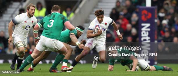 Anthony Watson of England breaks with the ball during the NatWest Six Nations match between England and Ireland at Twickenham Stadium on March 17,...