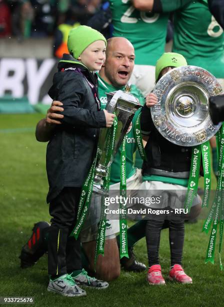 Rory Best, the Ireland captain celebrates with his children after their victory during the NatWest Six Nations match between England and Ireland at...