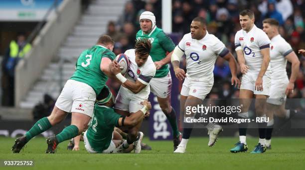 Anthony Watson of England breaks with the ball during the NatWest Six Nations match between England and Ireland at Twickenham Stadium on March 17,...