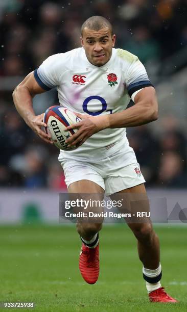 Jonathan Joseph of England runs with the ball during the NatWest Six Nations match between England and Ireland at Twickenham Stadium on March 17,...