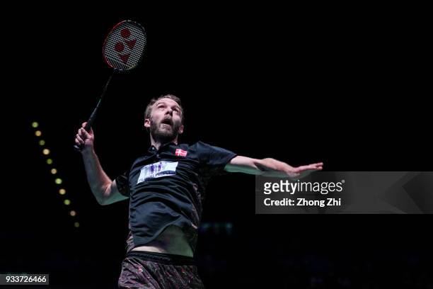 Carsten Mogensen of Denmark in action with Mathias Boe of Denmark during the men's double final against Marcus Fernaldi Gideon of Indonesia and Kevin...