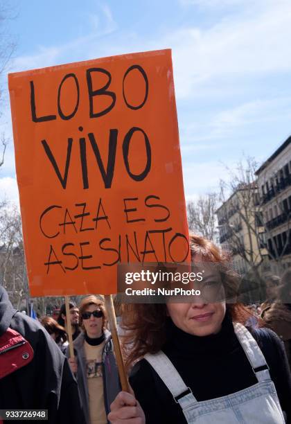 Protesters attend a demonstration held in downtown Madrid, in defense of wolf conservation, 18 March 2018. The protest was called by Marley Wolf,...