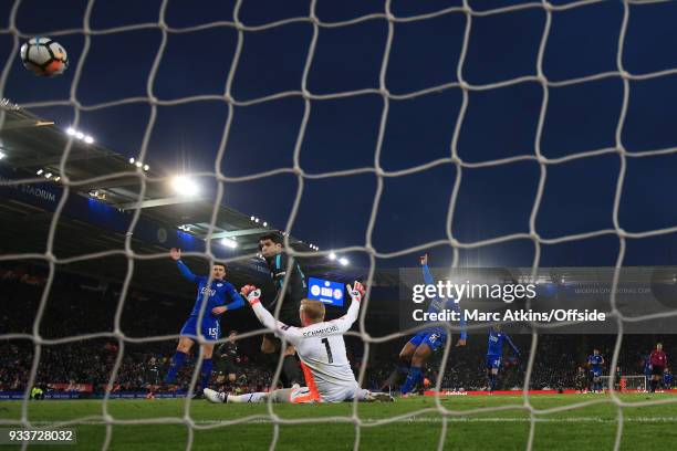 Alvaro Morata of Chelsea back heels the ball onto the crossbar during the Emirates FA Cup Quarter Final match between Leicester City and Chelsea at...