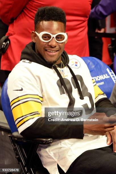 Juju Smith of the Pittsburg Steelers enjoys the game between the Cleveland Cavaliers and LA Clippers on March 9, 2018 at STAPLES Center in Los...