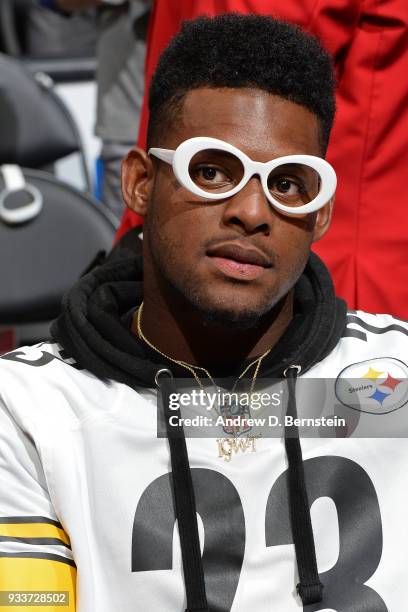 Juju Smith of the Pittsburg Steelers enjoys the game between the Cleveland Cavaliers and LA Clippers on March 9, 2018 at STAPLES Center in Los...