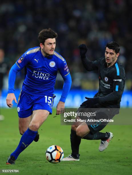 Harry Maguire of Leicester City in action with Alvaro Morata of Chelsea during the Emirates FA Cup Quarter Final match between Leicester City and...