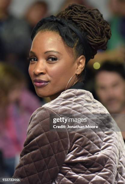 Shanola Hampton is seen during the driver's meeting prior to the Monster Energy NASCAR Cup Series Auto Club 400 at Auto Club Speedway on March 18,...