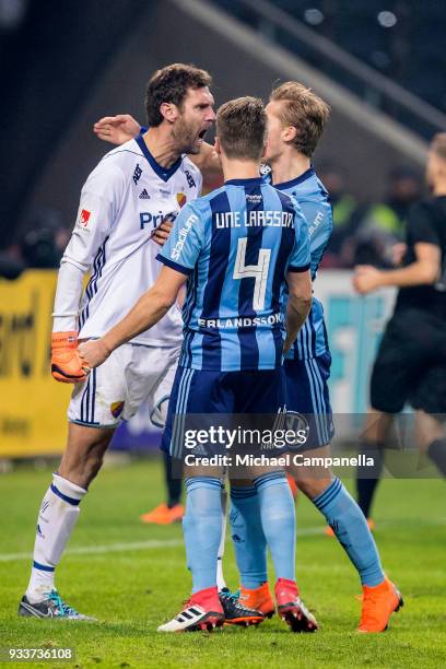 Djurgarden IF goalkeeper Andreas Isaksson reacts after saving penalty late in second half during a semi-final match of the Swedish Cup between AIK...