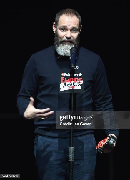 Director Francis Lee, winner of the Best British Film award for 'God's Own Country', on stage during the Rakuten TV EMPIRE Awards 2018 at The...