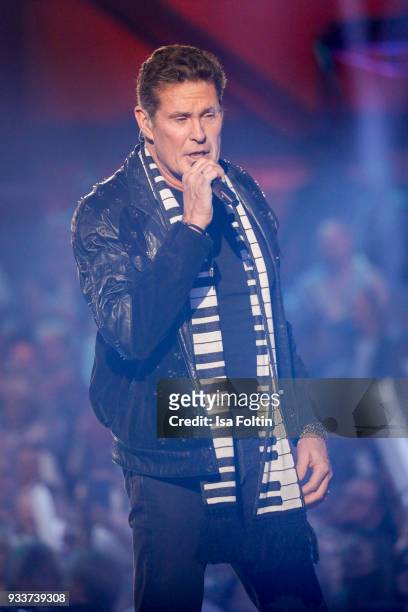 Singer and actor David Hasselhoff during the tv show 'Heimlich! Die grosse Schlager-Ueberraschung' on March 17, 2018 in Munich, Germany.