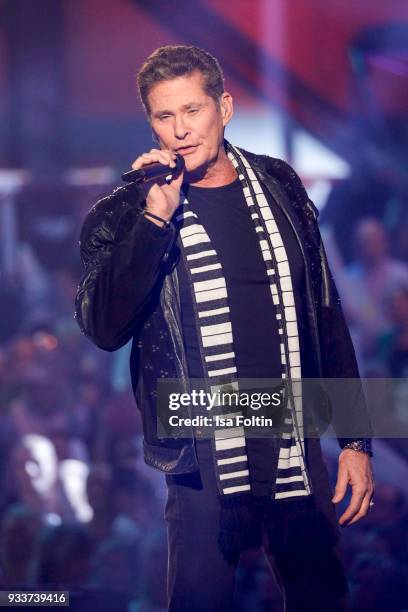 Singer and actor David Hasselhoff during the tv show 'Heimlich! Die grosse Schlager-Ueberraschung' on March 17, 2018 in Munich, Germany.