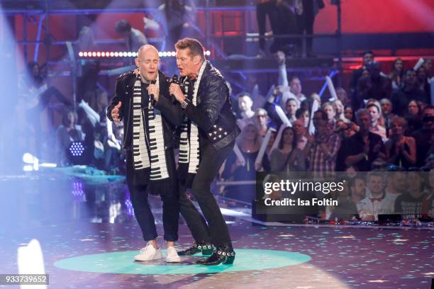 German singer and actor Oli P. And US singer and actor David Hasselhoff during the tv show 'Heimlich! Die grosse Schlager-Ueberraschung' on March 17,...