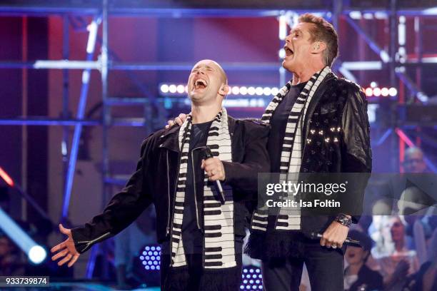 German actor and singer Oli P. And US actor and singer David Hasselhoff during the tv show 'Heimlich! Die grosse Schlager-Ueberraschung' on March 17,...