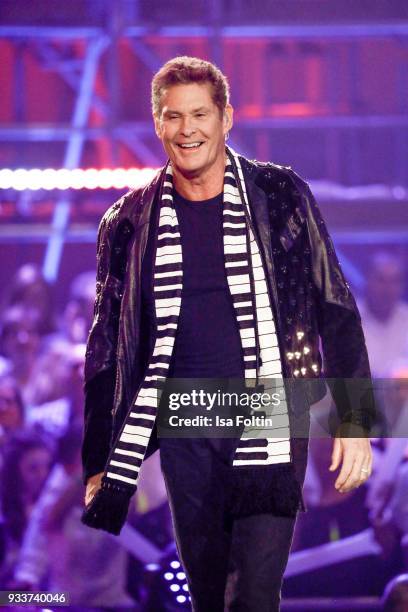 Actor and singer David Hasselhoff during the tv show 'Heimlich! Die grosse Schlager-Ueberraschung' on March 17, 2018 in Munich, Germany.