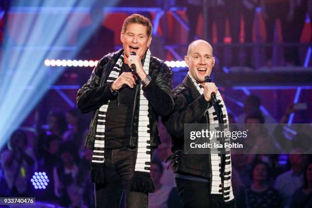 Singer and actor David Hasselhoff and German singer and actor Oli P. During the tv show 'Heimlich! Die grosse Schlager-Ueberraschung' on March 17,...