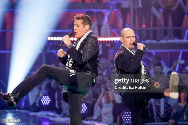 Singer and actor David Hasselhoff and German singer and actor Oli P. During the tv show 'Heimlich! Die grosse Schlager-Ueberraschung' on March 17,...