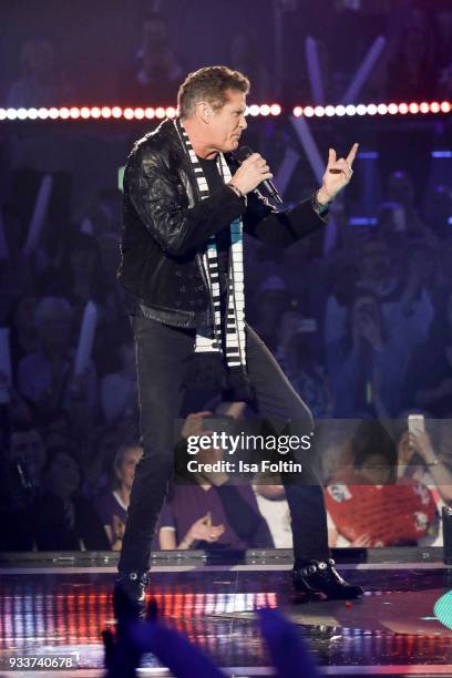 Singer and actor David Hasselhoff during the tv show 'Heimlich! Die grosse Schlager-Ueberraschung' on March 17, 2018 in Munich, Germany.