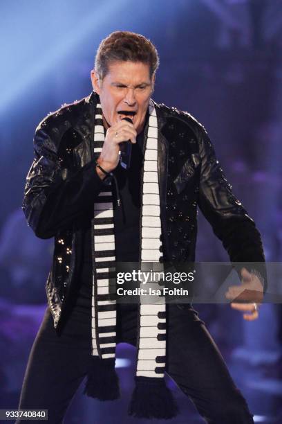 Singer and actor David Hasselhoff during the tv show 'Heimlich! Die grosse Schlager-Ueberraschung' on March 17, 2018 in Munich, Germany.