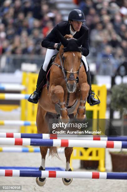 Kevin Staut of France on Silver Deux de Virton HDC competes during the Saut Hermes at Le Grand Palais on March 18, 2018 in Paris, France.