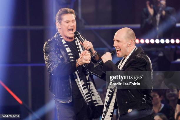 Singer and actor David Hasselhoff and German singer and actor Oli P. During the tv show 'Heimlich! Die grosse Schlager-Ueberraschung' on March 17,...