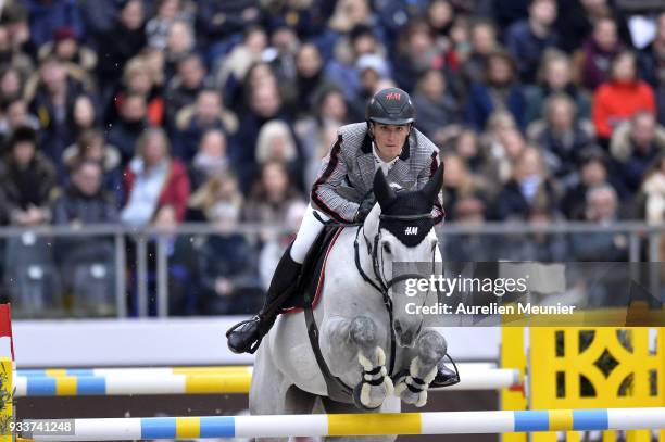 Olivier Philippaerts of Belgium on H&M Legend of Love competes during the Saut Hermes at Le Grand Palais on March 18, 2018 in Paris, France.